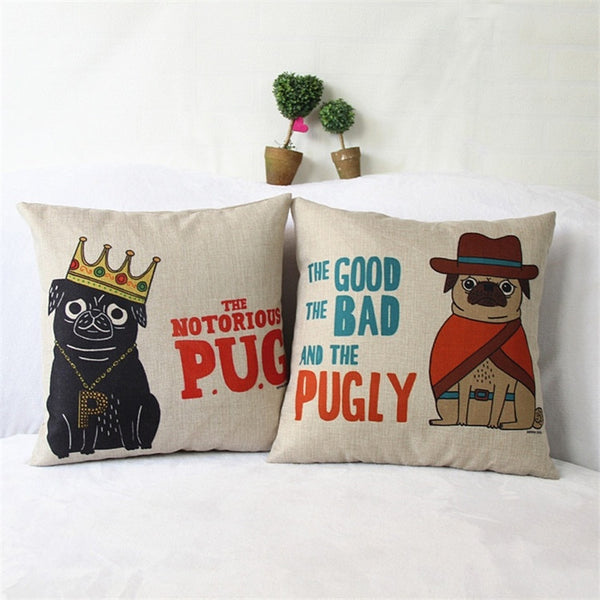 Cartoon Cotton Linen Cushion Cover Cowboy Pug Dog Pattern Car Sofa Chair Seat Square Pillowcase Throw Pillow Cover Home Decor